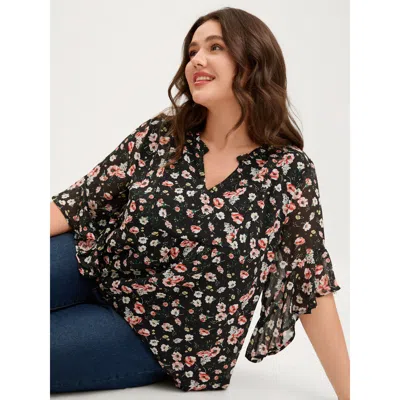Bloomchic Women's Plus Size Chiffon Floral Ruffled Sleeve Blouse Black Floral Elegant 3/4 Sleeve 10/m