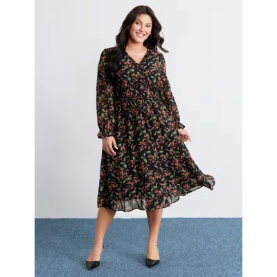 Bloomchic Women's Plus Size Chiffon Floral Ruffled Trim Pockets Midi Dress Black Fruit And Vegetable Print Mid
