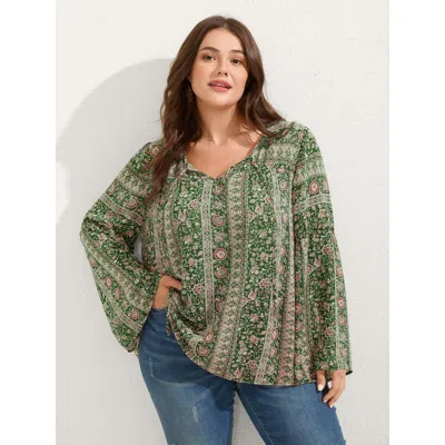 Bloomchic Women's Plus Size Chiffon Floral Sheer Print Neck-tie Blouse Darkgreen Ethnic Floral Vacation Long S In Green