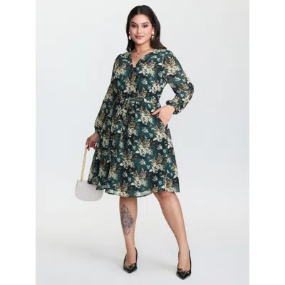 Bloomchic Women's Plus Size Chiffon Floral Surplice Neck Belt Mini Dress Cyan Floral Midi Elegant Button Front In Blue