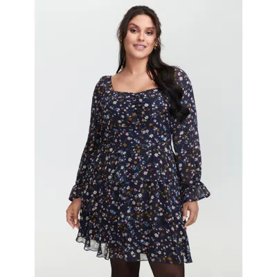 Bloomchic Women's Plus Size Chiffon Floral Sweetheart Neckline Mini Dress Indigo Ditsy Floral Short Elegant Ga In Purple