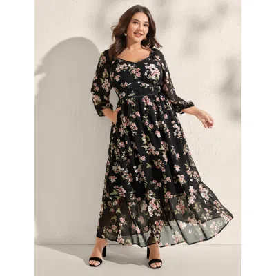 Bloomchic Women's Plus Size Chiffon Floral Triangular Waist Cinched Maxi Dress Black Floral Maxi Elegant Woven