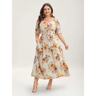 Bloomchic Women's Plus Size Chiffon Floral Waist-cinched Midi Dress Beige Floral Midi Elegant Smocked 30/6x In Sand