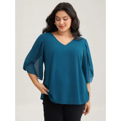 Bloomchic Women's Plus Size Chiffon Gathered Petal Sleeve Blouse Aegean Solid Elegant 3/4 Sleeve V-neck 10/m In Blue