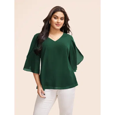 Bloomchic Women's Plus Size Chiffon Gathered Petal Sleeve Blouse Darkgreen Solid Elegant 3/4 Sleeve V-neck 10/ In Green