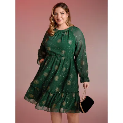 Bloomchic Women's Plus Size Chiffon Gold Celestial Print Tiered Midi Dress Darkgreen Stars And Moons Knee Part In Green
