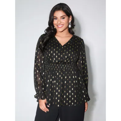 Bloomchic Women's Plus Size Chiffon Gold Stamp Shirred Waist Blouse Black Non Party Extra Long Sleeve 10/m