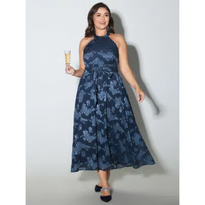 Bloomchic Women's Plus Size Chiffon Jacquard Halter Neck-tie Maxi Dress Indigo Floral Maxi Party Lace-up 30/6x In Purple