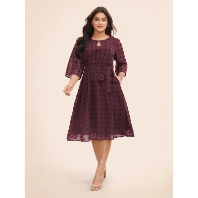 Bloomchic Women's Plus Size Chiffon Jacquard Patchwork Mesh Keyhole Dress Plum Synthetic Texture Midi Elegant  In Purple