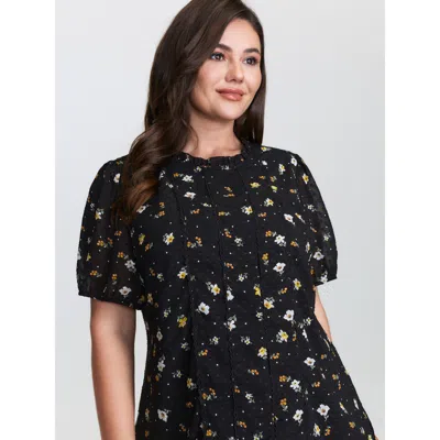 Bloomchic Women's Plus Size Chiffon Lace Trim Mock Neck Blouse Black Ditsy Floral Elegant Short Sleeve Round N