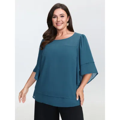 Bloomchic Women's Plus Size Chiffon Layered Ruffled Sleeve Flowy Blouse Teal Non Elegant 3/4 Sleeve 12/l In Blue