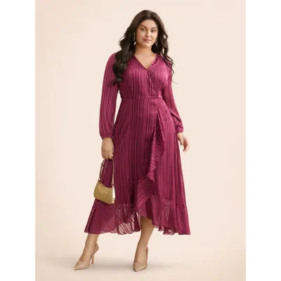Bloomchic Women's Plus Size Chiffon Overlap Collar Ruffle Trim Dress Redviolet Party Midi Texture 22-24/3x