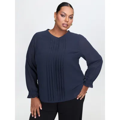 Bloomchic Women's Plus Size Chiffon Pleated Round Neck Blouse Indigo Non Office Extra Long Sleeve 14-16/1x In Purple