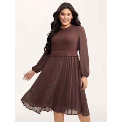 Bloomchic Women's Plus Size Chiffon Pleated Skirt Layered Midi Dress Yellowishbrown Solid Mini Elegant Patchwo