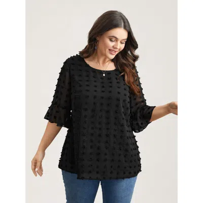 Bloomchic Women's Plus Size Chiffon Polka Dot Round Neck Shirt Black Solid Elegant 3/4 Sleeve Round Neck 10/m