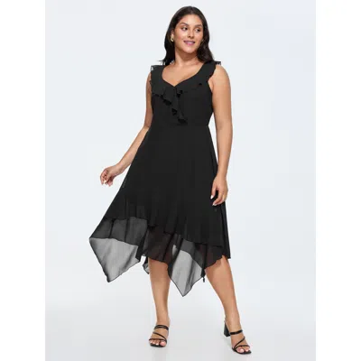 Bloomchic Women's Plus Size Chiffon Ruffled Neckline High Low Hem Midi Dress Black Solid Midi Elegant Ruffles 