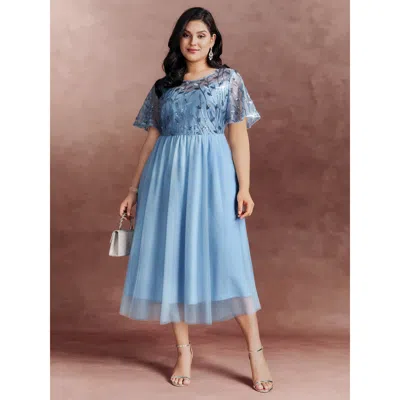 Bloomchic Women's Plus Size Chiffon Sequin Mesh Embroidered Round Neck Midi Dress Lightblue Non Midi Party Emb In Blue