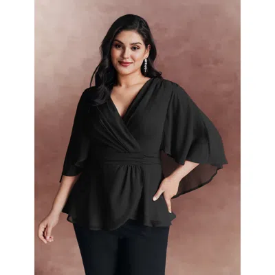 Bloomchic Women's Plus Size Chiffon Shawl Layered Sheer Blouse Pureblack Non Party 3/4 Sleeve 10/m