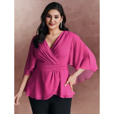 Bloomchic Women's Plus Size Chiffon Shawl Layered Sheer Blouse Rosered Non Party 3/4 Sleeve 10/m