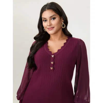 Bloomchic Women's Plus Size Chiffon Sheer Sleeve Heart Shaped Button Pullover Burgundy Not Graphics Long Sleev