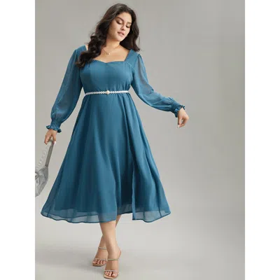 Bloomchic Women's Plus Size Chiffon Square Neck Shirred Lantern Sleeve Split Hem Dress Aegean Going Out Plain  In Blue