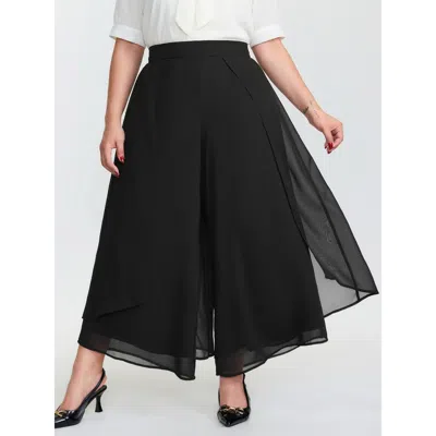 Bloomchic Women's Plus Size Chiffon Stretchy Waist Flowy Pants Black Solid Wide Leg Mid Rise Elegant 12/l