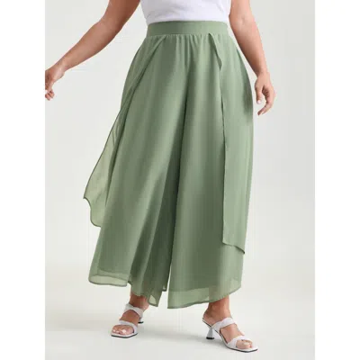 Bloomchic Women's Plus Size Chiffon Stretchy Waist Flowy Pants Greenbean Solid Wide Leg Mid Rise Elegant 18-20