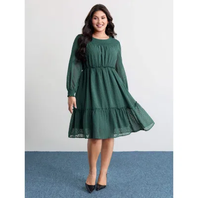 Bloomchic Women's Plus Size Chiffon Textured Shirred Ruffled Mini Dress Darkslategray Polka Dots Mini Elegant 