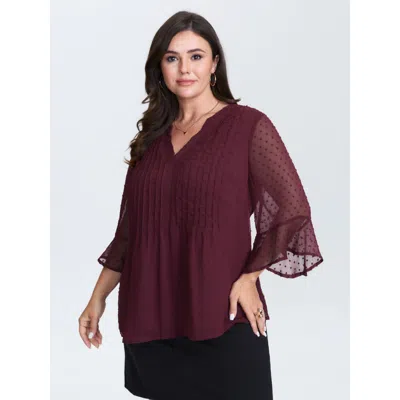 Bloomchic Women's Plus Size Chiffon Textured Toothpick Pleat Blouse Plum Else Elegant 3/4 Sleeve V-notch Neck  In Purple