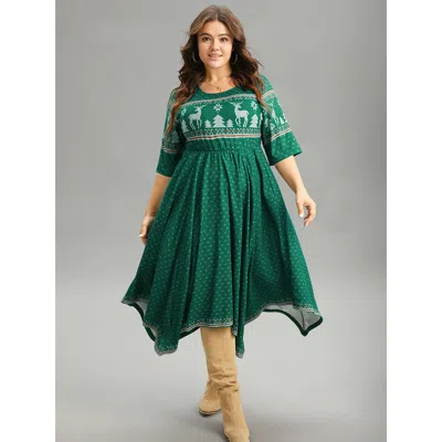 Bloomchic Women's Plus Size Christmas Elk Elastic Waist Hanky Hem Dress Cyan Dailywear Printed 18-20/2x In Blue