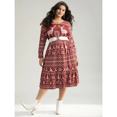 Bloomchic Women's Plus Size Christmas Elk Gathered Ruffle Layered Hem Dress Scarlet Dailywear Printed 12/l In Red
