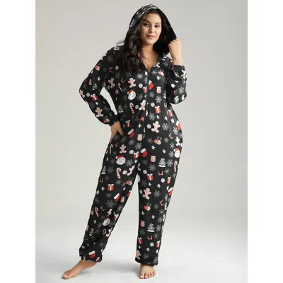 Bloomchic Women's Plus Size Christmas Graphic Print Hooded Pocket Lounge Jumpsuit Blackflower Graphic-christma