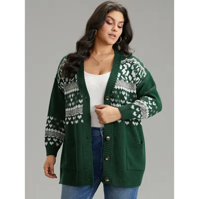 Bloomchic Women's Plus Size Christmas Jacquard Button Up Pocket Cardigan Darkgreen Long Sleeve 12/l In Green