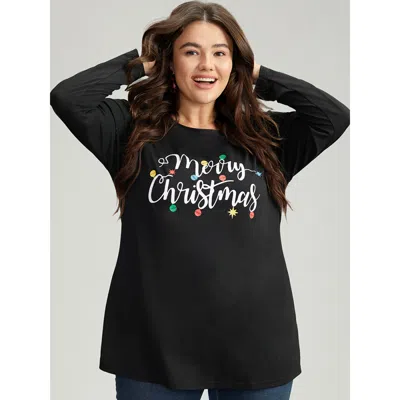 Bloomchic Women's Plus Size Christmas Letter Print Crew Neck T-shirt Black Festival-christmas 10/m