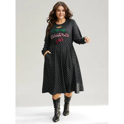 Bloomchic Women's Plus Size Christmas Letter Print Pocket Elastic Waist Dress Black Dailywear Printed 14-16/1x