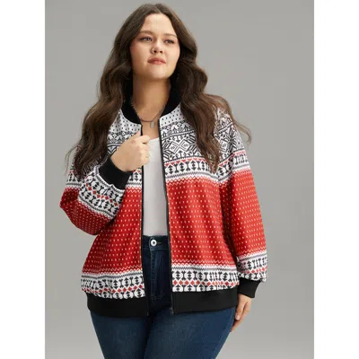 Bloomchic Women's Plus Size Christmas Patchwork Zipper Contrast Jacket Red Elastic Cuffs 10/m