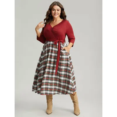 Bloomchic Women's Plus Size Christmas Plaid Patchwork Ruched Belted Dress Red Plaid Midi Office Wrap / Overlap