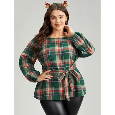 Bloomchic Women's Plus Size Christmas Plaid Ties Lantern Sleeve Blouse Darkgreen Festival-christmas Long Sleev In Green