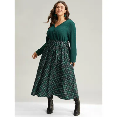 Bloomchic Women's Plus Size Christmas Plaid Wrap Belted Cable Knit Dress Emerald Office Texture 18-20/2x In Green