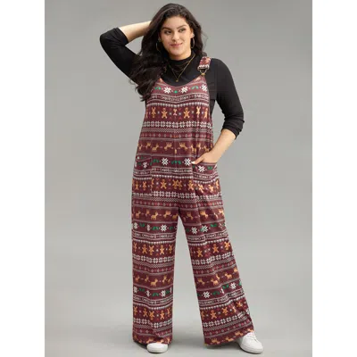 Bloomchic Women's Plus Size Christmas Print Adjustable Straps Jumpsuit Rouge Casual 10/m In Red