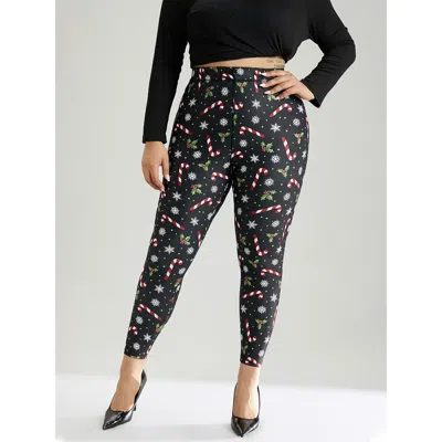 Bloomchic Women's Plus Size Christmas Print Elastic Waist Skinny Leggings Blackflower High Stretch High Rise F