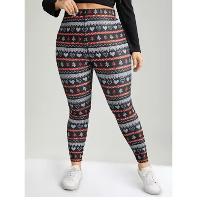 Bloomchic Women's Plus Size Christmas Print Mid Rise Skinny Leggings Blackflower High Stretch Mid Rise Festiva