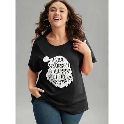Bloomchic Women's Plus Size Christmas Print Round Neck Roll Sleeve T-shirt Black Festival-christmas 12/l