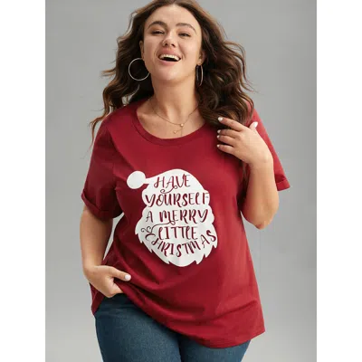 Bloomchic Women's Plus Size Christmas Print Round Neck Roll Sleeve T-shirt Raspberry Festival-christmas 10/m In Pink