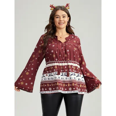 Bloomchic Women's Plus Size Christmas Print Tassels Ties Blouse Scarlet Festival-christmas Long Sleeve 10/m In Red