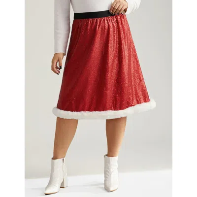 Bloomchic Women's Plus Size Christmas Sequin Patchwork Fuzzy Trim Skirt Scarlet Sequin Festival-christmas 12/l In Red