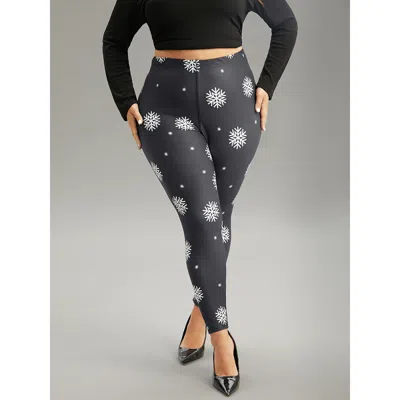 Bloomchic Women's Plus Size Christmas Snowflake Elastic Waist Skinny Leggings Black High Stretch High Rise Fes