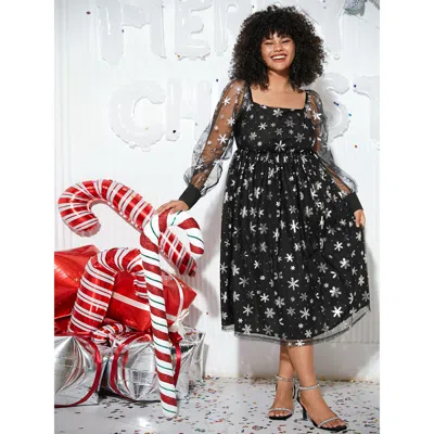 Bloomchic Women's Plus Size Christmas Snowflake Glitter Mesh Square Neck Dress Black Going Out Gathered 22-24/