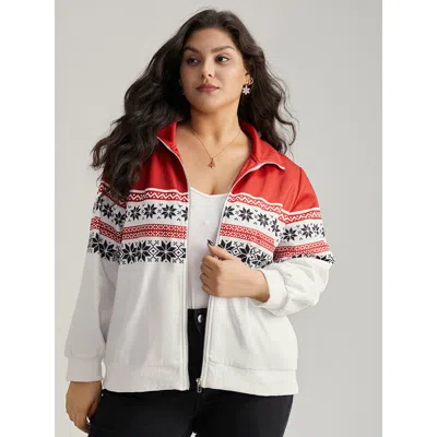 Bloomchic Women's Plus Size Christmas Snowflake Zipper Contrast Jacket Red Colorblock 10/m