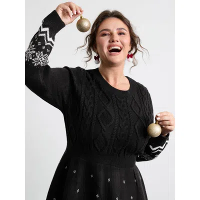 Bloomchic Women's Plus Size Christmas Textured Pattern Midi Sweater Dress Black Animal Motif Short Cable Knit 